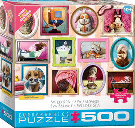 The product packaging of 'A Day at the Spa' jigsaw puzzle by Eurographics features whimsical illustrations of animals in spa settings, surrounded by colorful frames. It includes 500 large-sized pieces suitable for ages 10 and up, showcasing fun scenes such as a dog with a toothbrush, a cat with a flower crown, and a rabbit enjoying a drink, all conveying a delightful spa theme.