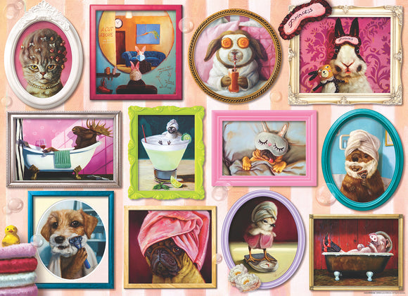 A colorful jigsaw puzzle featuring whimsical animal-themed spa scenes, including a cat with flowers, a moose in a bathtub, and a pug wearing a towel. Each artwork is framed uniquely, presenting a fun, relaxing atmosphere that's perfect for puzzle lovers. Enjoy hours of engaging entertainment with charming illustrations.