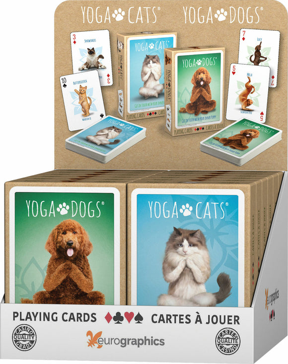 Yoga Cats Playing Cards by Eurographics, featuring yoga-themed cat illustrations on each card. Displayed in a sturdy box with playful designs on the front, showcasing adorable cats and their dog counterparts. Ideal for game nights and animal lovers alike.