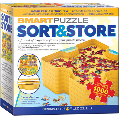 The Eurographics Sort & Store Tray Set is designed for jigsaw puzzle enthusiasts, featuring six stackable trays to easily sort and organize puzzle pieces. The vibrant box showcases the product's functionality and includes images of completed puzzles and compatible piece counts, making it an essential tool for a seamless puzzle experience.