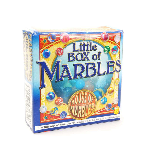 A colorful box titled 'Little Box of Marbles' by House of Marbles, featuring a vibrant design with various marbles in different colors and patterns. The box is playful and eye-catching, making it a delightful addition to games for all ages. A warning label about choking hazards is visible, indicating that the product is not suitable for children under 3 years old.
