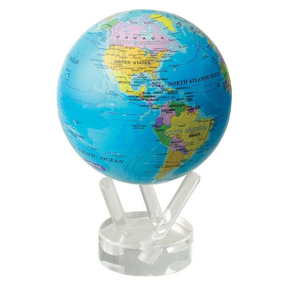 A 4.5-inch MOVA Political Map World globe by Turtle Tech Design, featuring vivid blue oceans and colorful land masses with political boundaries clearly marked. It stands on a modern clear acrylic base, making it an educational and decorative item suitable for homes or classrooms.