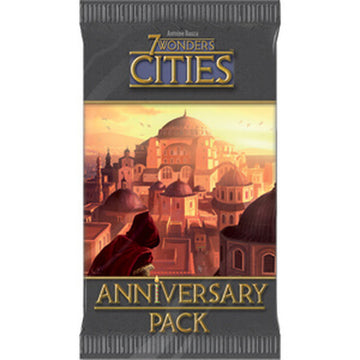 7 Wonders: Cities Anniversary Pack Expansion by Repos, featuring a beautifully illustrated cover depicting a vibrant cityscape with domed buildings and a sunset in the background. The title is prominently displayed at the top.