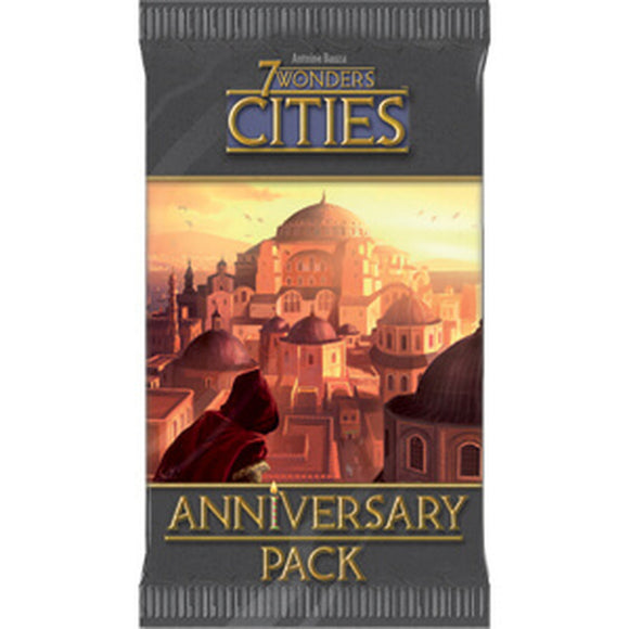 7 Wonders: Cities Anniversary Pack Expansion by Repos, featuring a beautifully illustrated cover depicting a vibrant cityscape with domed buildings and a sunset in the background. The title is prominently displayed at the top.
