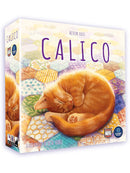 Calico is a colorful board game box featuring an illustration of a sleeping orange cat on a patchwork background. The box is designed by Kevin Russ and highlights vibrant, eye-catching patterns.
