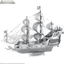 A detailed 3D metal model kit of the Queen Anne's Revenge, featuring intricate designs, a full sail, and pirate flags. The model showcases the ship's structure with a shiny silver finish, making it an impressive DIY project for hobbyists.