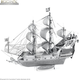 A detailed 3D metal model kit of the Queen Anne's Revenge, featuring intricate designs, a full sail, and pirate flags. The model showcases the ship's structure with a shiny silver finish, making it an impressive DIY project for hobbyists.