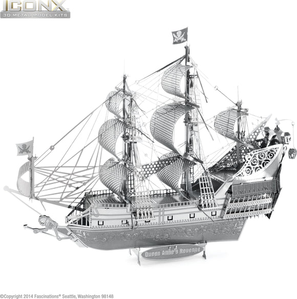 A detailed 3D metal model kit of the Queen Anne's Revenge, featuring intricate designs, a full sail, and pirate flags. The model showcases the ship's structure with a shiny silver finish, making it an impressive DIY project for hobbyists.