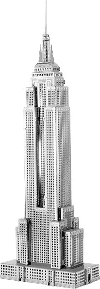 The ICONX: Empire State DIY kit by Fascinations showcases a detailed metallic model of the iconic Empire State Building. The intricate design features fine detailing along the facade and towers, perfect for architectural enthusiasts and hobbyists looking to create their own stunning replica.