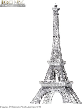 Detailed metallic model of the Eiffel Tower by ICONX, made from thin, durable metal sheets. This intricate DIY kit showcases elevated lattice work and precise craftsmanship, ideal for model enthusiasts and collectors.