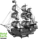 The ICONX: Black Pearl by Fascinations is a detailed DIY metal model kit resembling a pirate ship. This intricate model features sails, rigging, and a distinct pirate flag, presenting an impressive three-dimensional representation of the iconic vessel. Perfect for enthusiasts and hobbyists who enjoy construction and display pieces.