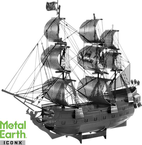 The ICONX: Black Pearl by Fascinations is a detailed DIY metal model kit resembling a pirate ship. This intricate model features sails, rigging, and a distinct pirate flag, presenting an impressive three-dimensional representation of the iconic vessel. Perfect for enthusiasts and hobbyists who enjoy construction and display pieces.