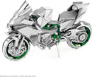A detailed model of a Kawasaki Ninja motorcycle crafted from metal sheets. The motorcycle features an intricate design with angular pieces and visible components, showcasing a shiny metallic surface and bold green accents. Perfect for motorcycle enthusiasts and DIY kit lovers.