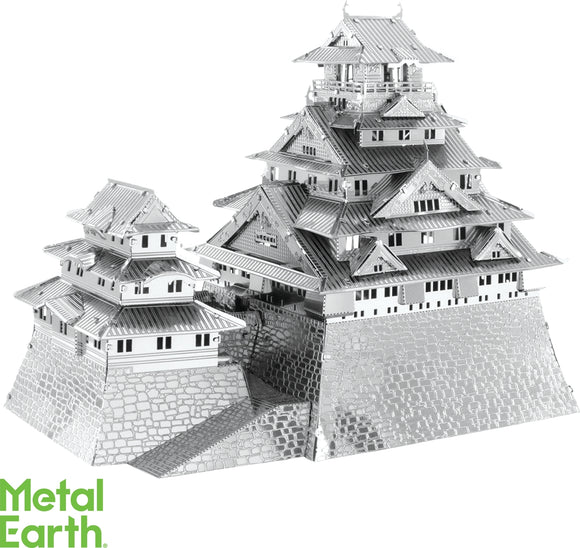 A detailed metallic model of Osaka Castle, featuring intricate architectural elements and multiple tiers. The model displays a mix of traditional Japanese style with layered roofs and large base, showcasing craftsmanship and design. Ideal for DIY enthusiasts and collectors.