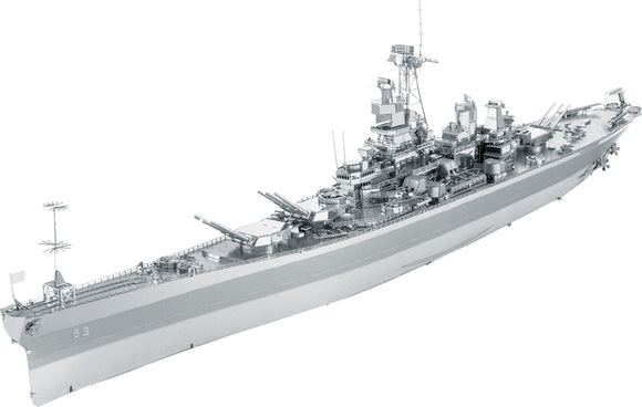 A detailed model of the USS Missouri battleship by Fascinations. The intricate design showcases various components including guns, radar systems, and the ship's structure, making it a perfect DIY kit for model enthusiasts.