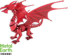 The ICONX Red Dragon by Fascinations is a detailed DIY metal model kit featuring a majestic red dragon with impressive wings and intricate scales. The model showcases the dragon's fierce expression and dynamic pose, highlighting craftsmanship and design. Ideal for collectors and hobbyists, this kit provides an engaging building experience.