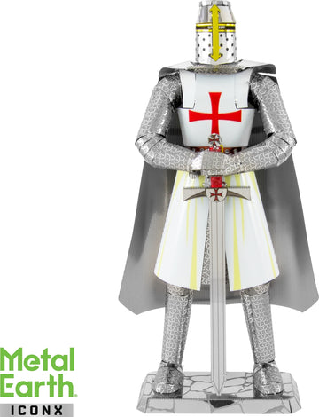 The ICONX: Templar Knight DIY kit by Fascinations features a detailed metal model of a medieval knight, complete with a polished suit of armor, a red cross on its chest, and a sword held in a poised stance. The knight stands on a textured base, exuding a heroic and regal appearance, perfect for collectors and enthusiasts.