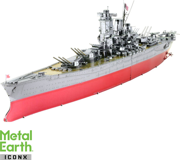 The ICONX Yamato Battleship model by Fascinations, showcasing detailed metallic construction. The intricate design features a shiny silver finish, multiple cannons, and a striking red hull, perfect for DIY enthusiasts and collectors alike.