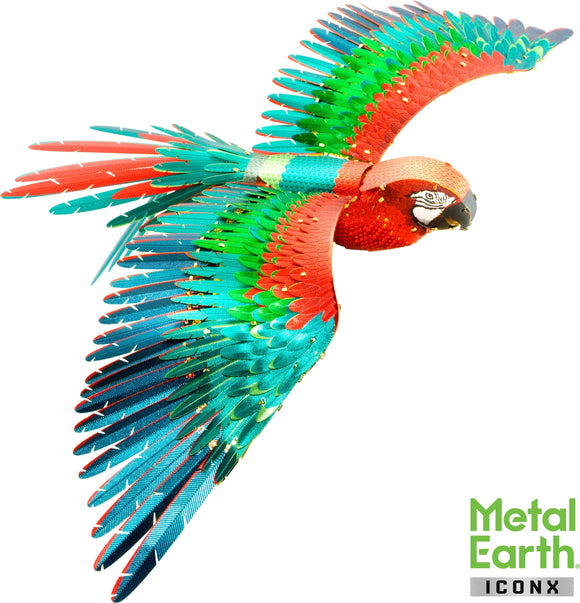 A beautifully crafted DIY metal model of a Parrot Jubilee Macaw by ICONX. The model features vibrant colors, showcasing its intricate feather details, including bright reds, greens, and blues, evoking the natural beauty of a macaw in flight. This stunning piece emphasizes craftsmanship and is ideal for hobbyists and collectors.