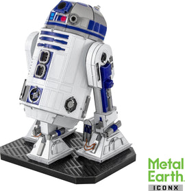 A detailed model of R2-D2 from Star Wars, showcasing its iconic features such as the blue and silver metallic finish, intricate mechanical details, and placed on a black base. Perfect for fans and enthusiasts looking for a DIY kit project.