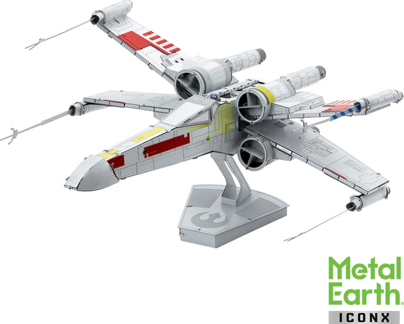 A detailed model of the X-Wing Starfighter from Star Wars, made by Fascinations. The model showcases intricate metal design with colored accents, displayed on a stand. Ideal for DIY enthusiasts and fans of the franchise.