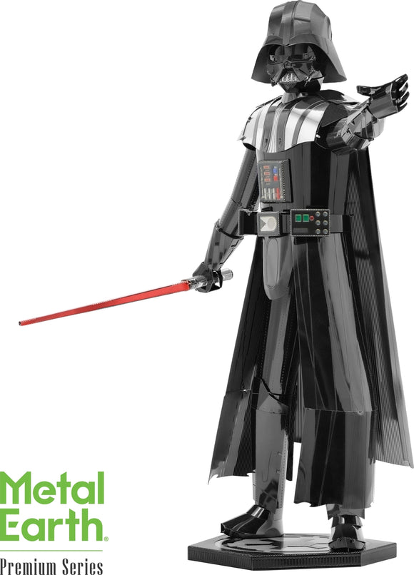 A detailed DIY metal model of Darth Vader from Star Wars, showcasing a sleek black finish. The figure stands with a red lightsaber, representing the iconic character from the film series. The model features intricate design elements and is displayed on a hexagonal base, perfect for fans and collectors.