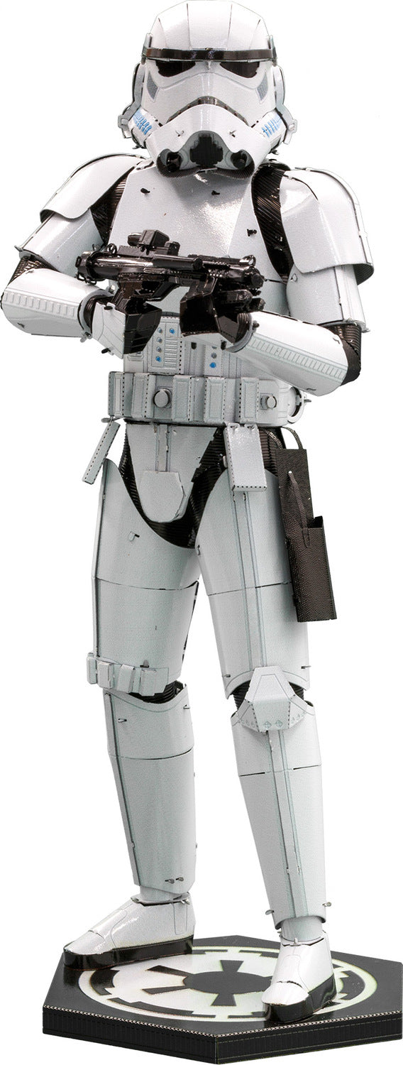 The ICONX: Stormtrooper DIY kit from Fascinations showcases a meticulously crafted model of a Stormtrooper figurine. This detailed model features a white armor design complete with a blaster, standing on a black base adorned with the Imperial logo. Perfect for collectors and Star Wars enthusiasts looking to build a high-quality replica.