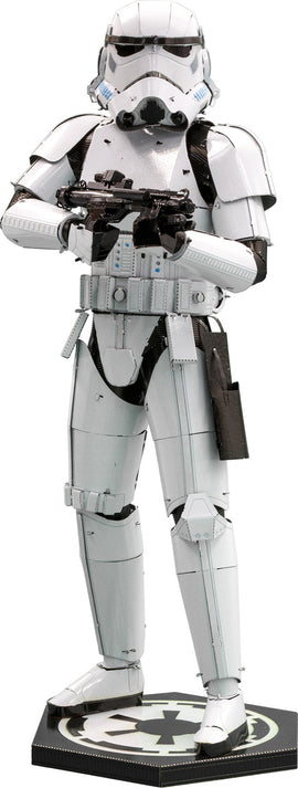 The ICONX: Stormtrooper DIY kit from Fascinations showcases a meticulously crafted model of a Stormtrooper figurine. This detailed model features a white armor design complete with a blaster, standing on a black base adorned with the Imperial logo. Perfect for collectors and Star Wars enthusiasts looking to build a high-quality replica.