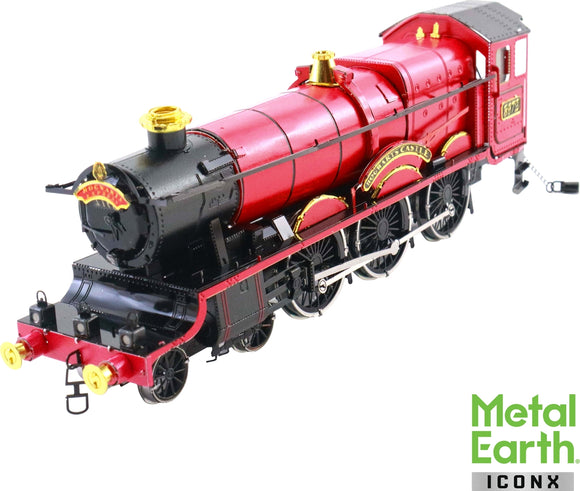 The ICONX Hogwarts Express model showcases a detailed red steam locomotive with black and gold accents. It features intricate wheels, a smokestack, and a cabin, reflecting a classic design inspired by the Harry Potter series. The train is shown from a slightly angled perspective, emphasizing its craftsmanship and collectible appeal.