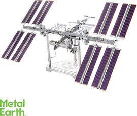 Detailed Metal Earth model of the International Space Station, showcasing intricate parts, solar panels, and a sturdy base. Ideal for DIY enthusiasts and space lovers.