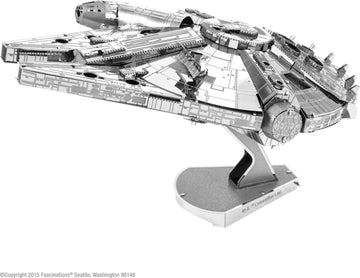 A detailed, metallic DIY model kit of the iconic Millennium Falcon from Star Wars, intricately designed with structural elements and displayed on a sleek stand. The model showcases remarkable craftsmanship and is perfect for fans and collectors alike.