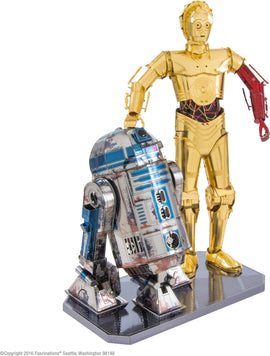 Metal Earth DIY kit featuring intricately designed metallic figures of R2-D2 and C-3PO from Star Wars. Both robots are displayed on a reflective base, showcasing their detailed craftsmanship and vibrant colors, perfect for collectors and fans.