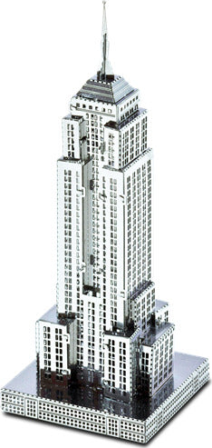 A detailed model kit of the Empire State Building made from metal. The model features intricate detailing, showcasing the iconic art deco architecture with a glossy finish. Perfect for DIY enthusiasts and collectors, this Metal Earth kit by Fascinations allows users to build their own miniature version of the famous skyscraper.
