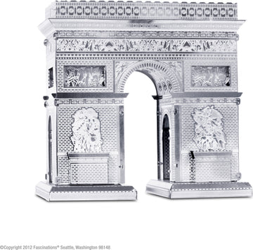 A detailed metal model of the Arc de Triomphe, showcasing intricate engravings and a shiny silver finish. The model features two tall pillars with ornate designs and a central archway, emphasizing architectural elegance. Perfect for DIY enthusiasts and model collectors.