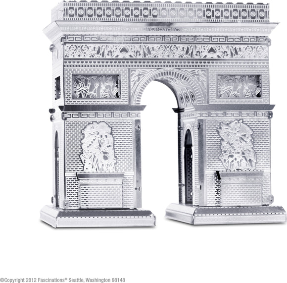 A detailed metal model of the Arc de Triomphe, showcasing intricate engravings and a shiny silver finish. The model features two tall pillars with ornate designs and a central archway, emphasizing architectural elegance. Perfect for DIY enthusiasts and model collectors.
