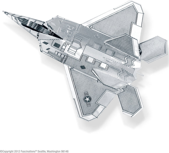 Metal Earth DIY kit featuring an intricately designed F22 Raptor model, made from high-quality metal sheets. The kit showcases precise laser-cut details and is ideal for enthusiasts of military aircraft and model building.