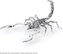 Metal Earth Scorpion DIY metal model kit by Fascinations, featuring intricate details and precision cut metal pieces. The finished scorpion model showcases a realistic design with articulated limbs and a curled tail, perfect for hobbyists and collectors.