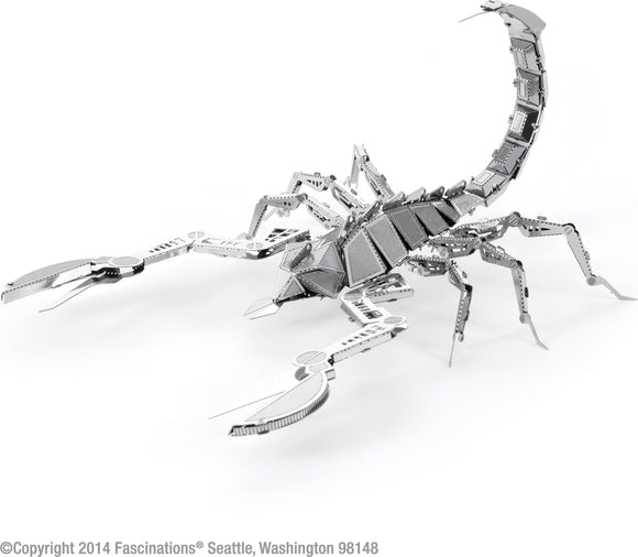 Metal Earth Scorpion DIY metal model kit by Fascinations, featuring intricate details and precision cut metal pieces. The finished scorpion model showcases a realistic design with articulated limbs and a curled tail, perfect for hobbyists and collectors.