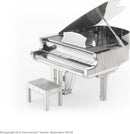 A detailed Metal Earth DIY kit of a Grand Piano and its matching bench, made by Fascinations. The intricately designed model features a shiny metallic finish, complete with realistic piano keys and opened lid, perfect for music enthusiasts and hobbyists alike.