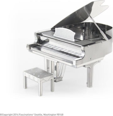 A detailed Metal Earth DIY kit of a Grand Piano and its matching bench, made by Fascinations. The intricately designed model features a shiny metallic finish, complete with realistic piano keys and opened lid, perfect for music enthusiasts and hobbyists alike.