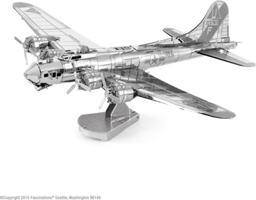 A detailed Metal Earth DIY kit model of the B-17 Flying Fortress. The model features intricate metallic parts showcasing the aircraft's design, including propellers, wings, and body. Perfect for aviation enthusiasts and hobbyists, this kit provides a rewarding assembly experience.