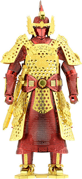 A detailed metal model of Chinese armor featuring vibrant red and gold colors. The intricate design showcases various armor components, including a helmet, chest plate, and shoulder guards, all with a perforated pattern and elaborate detailing, standing upright on a base.