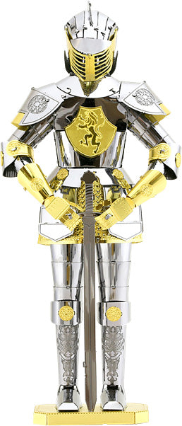 A detailed DIY metal model kit of a European knight in shining armor featuring chrome and gold accents. The knight holds a sword and is adorned with intricate designs, showcasing a majestic and historical representation of medieval armor.