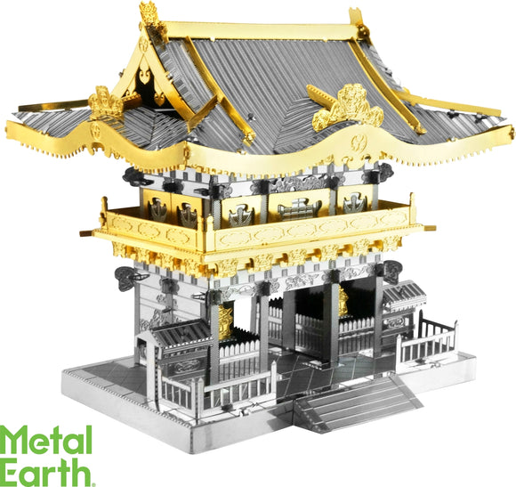 A detailed model of the Yomeimon Gate, crafted from metal by Fascinations. The gate features intricate designs with gold and silver finishes, showcasing its beautiful architecture. This DIY kit offers hands-on construction for enthusiasts of architectural models.