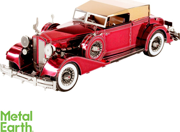 A detailed model kit of a 1934 Packard Twel by Metal Earth, showcasing a shiny red exterior, intricate features, and classic design elements. Ideal for DIY enthusiasts and collectors.