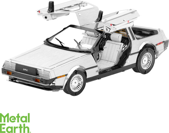 A detailed metal DIY kit model of the iconic DeLorean car from Back to the Future by Metal Earth. The model features intricate design elements, including opened gull-wing doors, a shiny silver finish, and visible interior detailing, perfect for fans and collectors.
