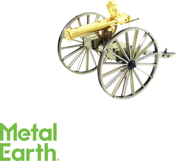 A detailed model kit of a Gatling gun by Metal Earth, featuring intricate metal parts, golden barrel, and spoked wheels, suitable for DIY enthusiasts.