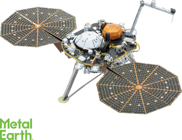 A detailed metal model of the Mars Lander InSight by Metal Earth, featuring two solar panels and various intricate components. The model showcases accurate design elements that reflect the real spacecraft, making it a captivating DIY kit for space enthusiasts.