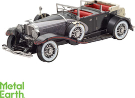 Highly detailed Metal Earth model kit of a 1935 Duesenberg M car, featuring intricate designs, chrome-like finish, and vibrant red leather seats. This DIY kit allows enthusiasts to assemble a stunning replica of this classic vehicle.