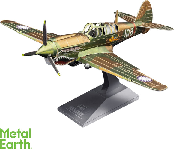 A detailed and intricately designed Metal Earth model of the P-40 Warhawk airplane, showcasing vibrant colors and precise components. The model is displayed on a sleek stand, highlighting its impressive structure and craftsmanship, making it an ideal DIY kit for aviation enthusiasts and hobbyists.